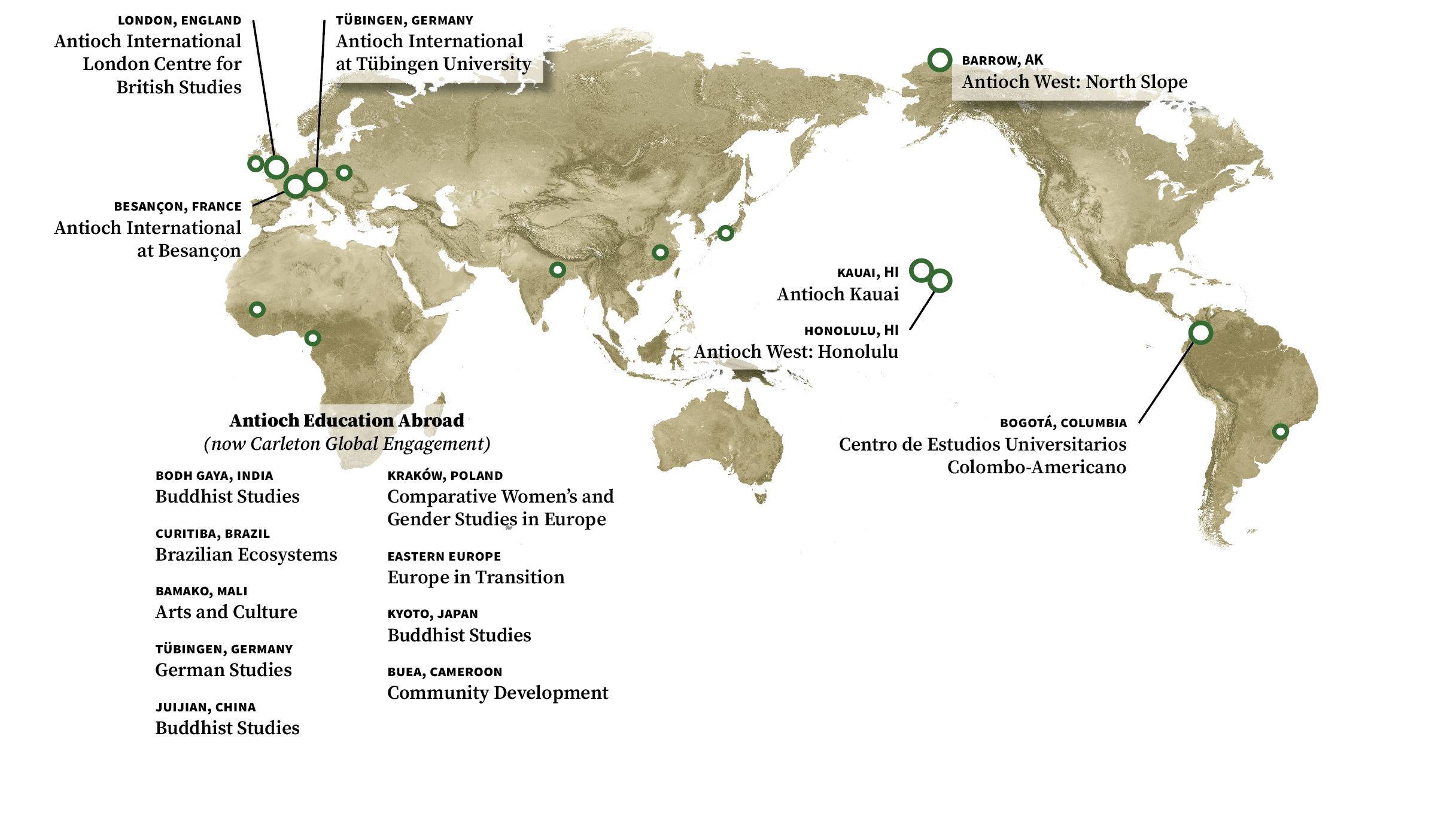 A map showing closed Antioch campus locations across the globe.